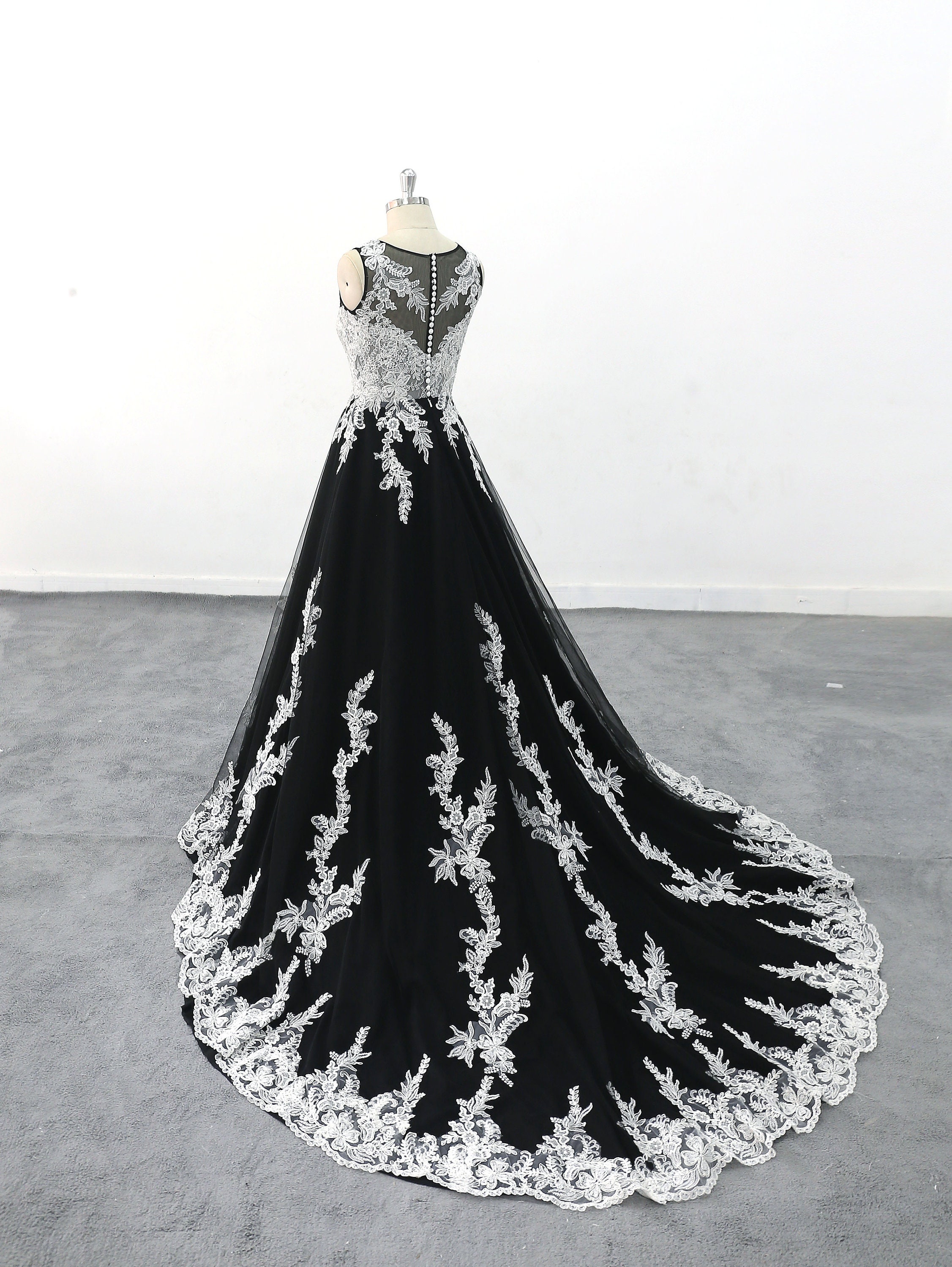 Ivory Lace Black Tulle Wedding Dress, Romantic A-Line Gown Custom High-Neck Dress