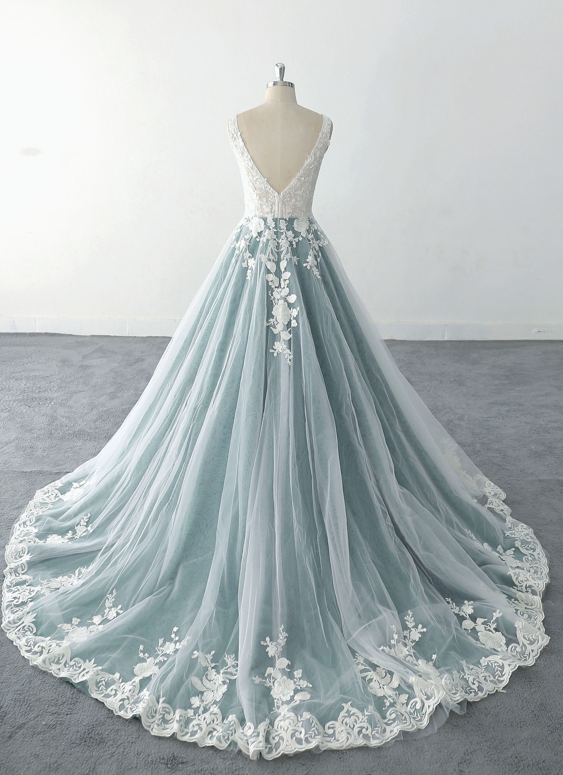 custom wedding dress Ivory Lace , Dark Green Lined Tulle Ball Gown