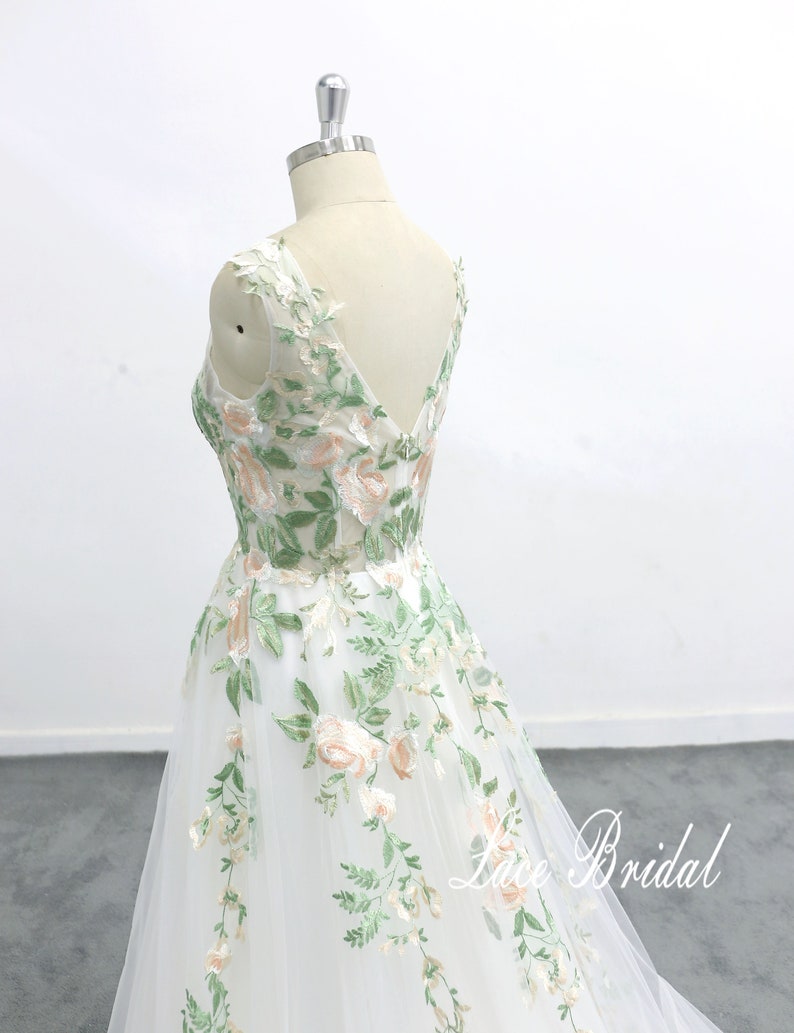 Forest Fairy Wedding Dress, Green Lace Wedding cathedral wedding dress romantic forest wedding wedding dress image 3