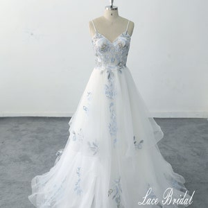 Layered Wedding Dress Blue Lace Wedding Dress lace wedding dress, Sexy V-neck wedding dress with suspenders