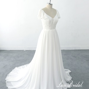 Romantic A-line Chiffon Lace Wedding Dress, Bohemian Wedding Dress with Chiffon Sleeves, Open Back Boho Wedding Dress