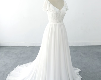 Romantic A-line Chiffon Lace Wedding Dress, Bohemian Wedding Dress with Chiffon Sleeves, Open Back Boho Wedding Dress