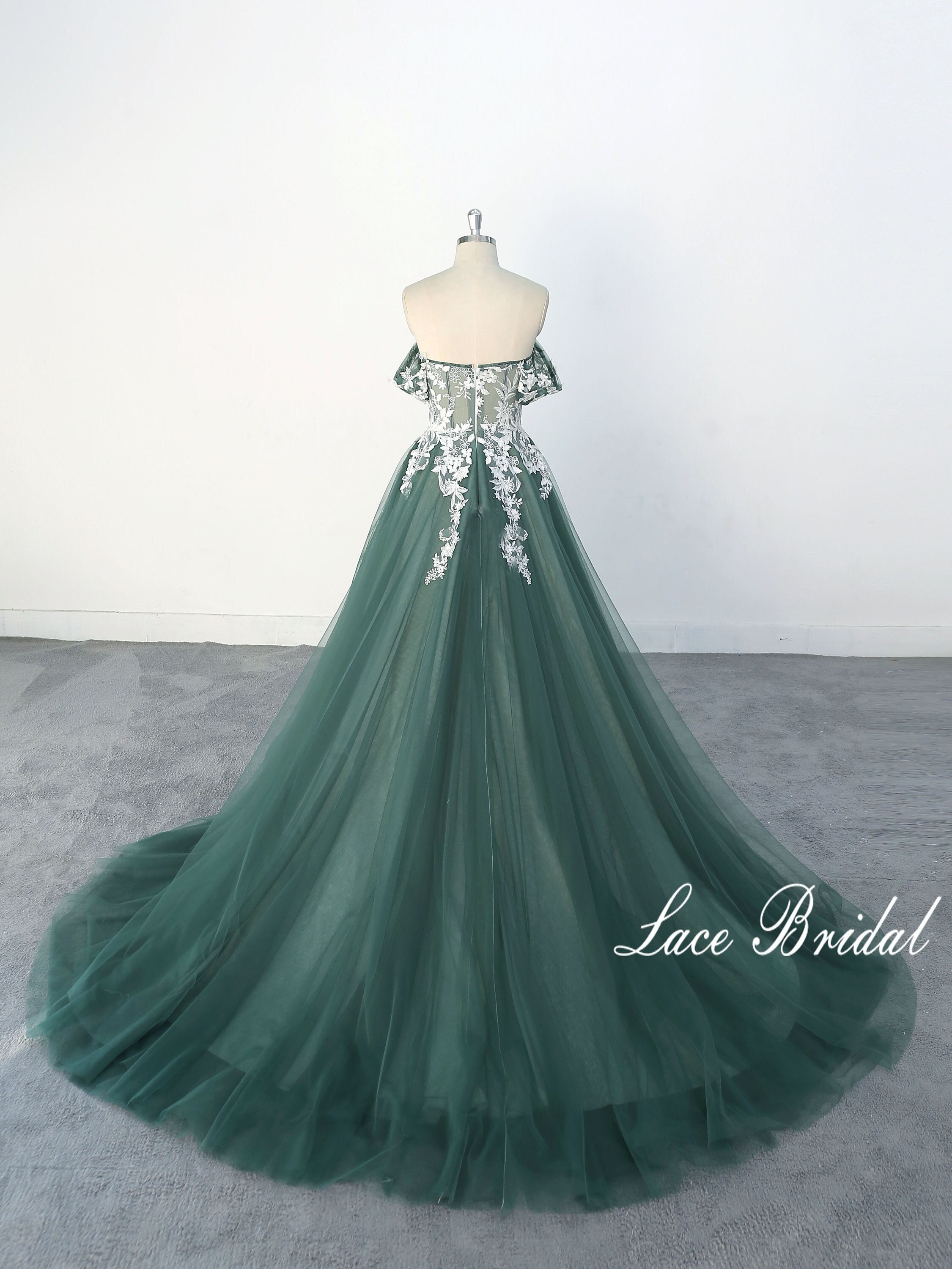 One-shoulder Dress Ivory Lace Wedding Dress Dark Green Tulle - Etsy UK