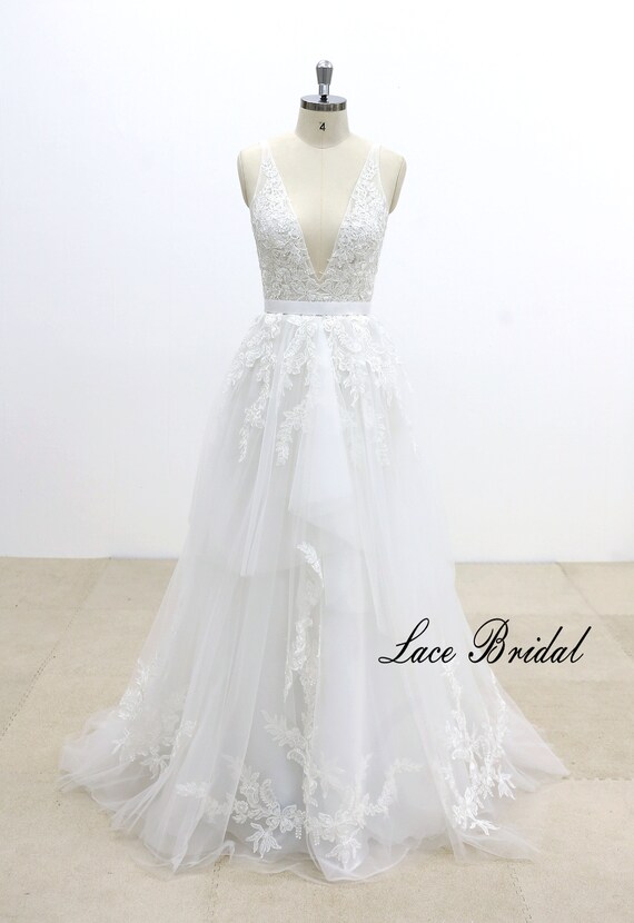 Deep V Neck Lace Wedding Dress With Satin Detail On Waist V Etsy
