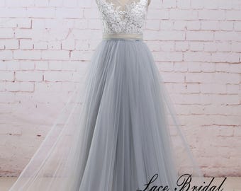 Romantic Dusty Blue A Line Tulle Lace Wedding Dress with Deep V Neckline