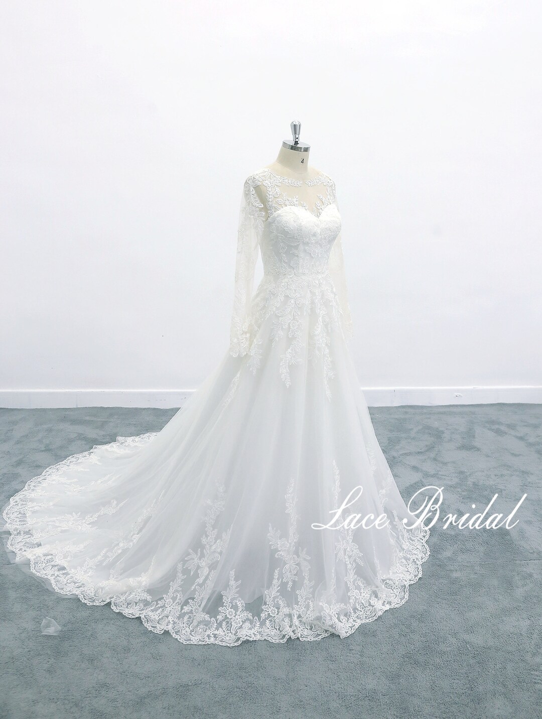 Custom Lace Wedding Dress, Long Sleeves, A-Line Bridal Gown