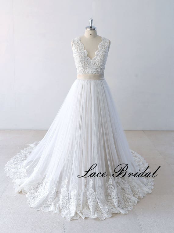 A Line Wedding Dress Beach Bridal Gown Lace Wedding Dress Destination Wedding Dress Champagne Lining Wedding Gown