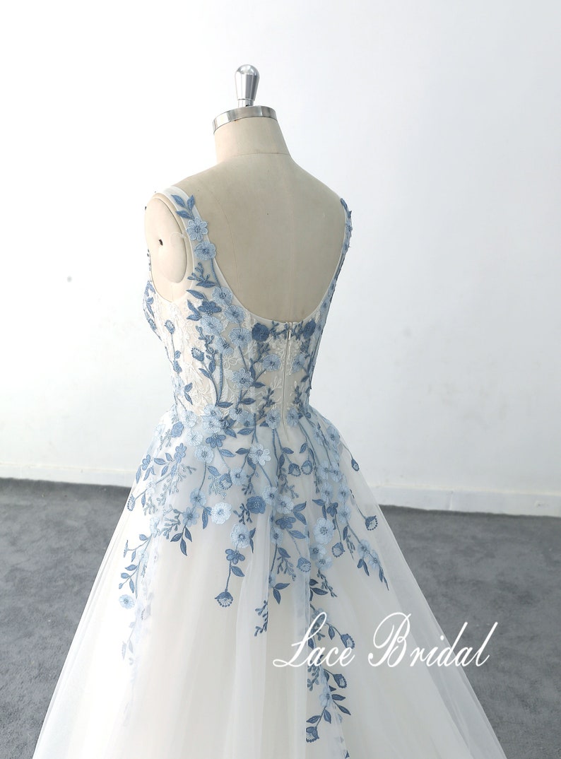 Customized wedding dress blue lace wedding dress Romantic light wedding dress with straps image 5