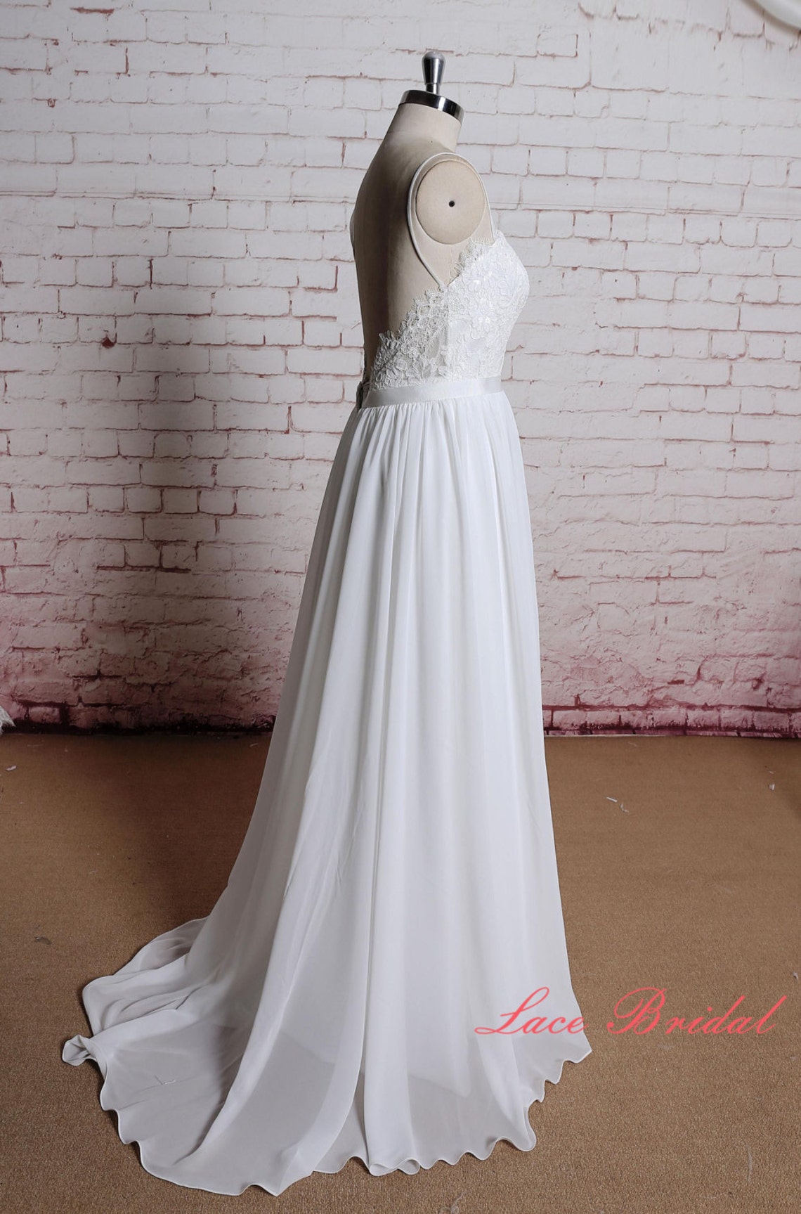 Backless Ivory Chiffon A Line Wedding Dress With Spaghetti - Etsy