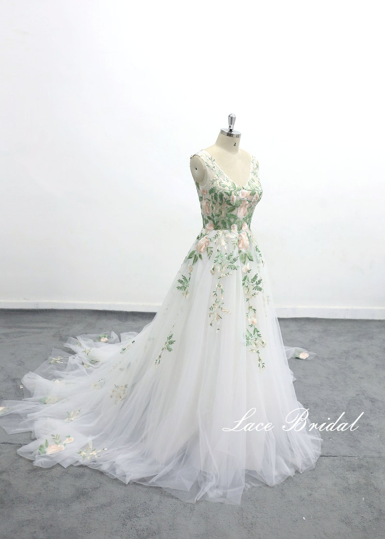 Forest Fairy Wedding Dress, Green Lace Wedding cathedral wedding dress romantic forest wedding wedding dress image 6