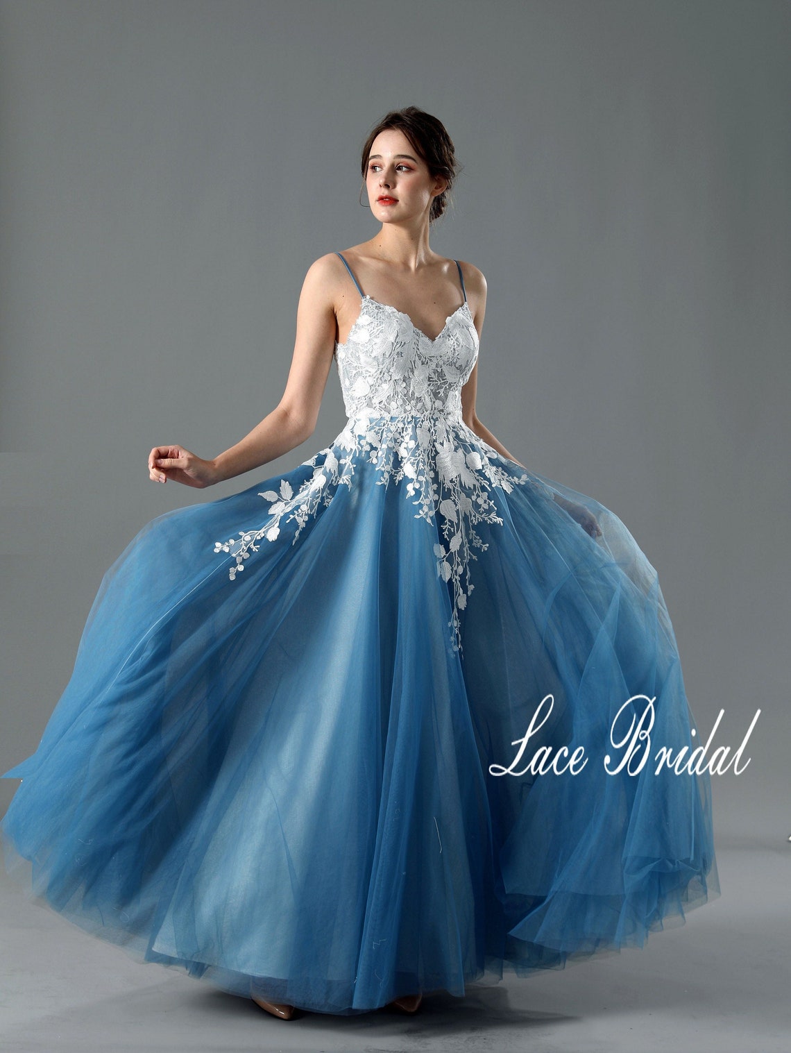 A-line Blue Cyan wedding dress Romantic Lace Wedding Gown image 1