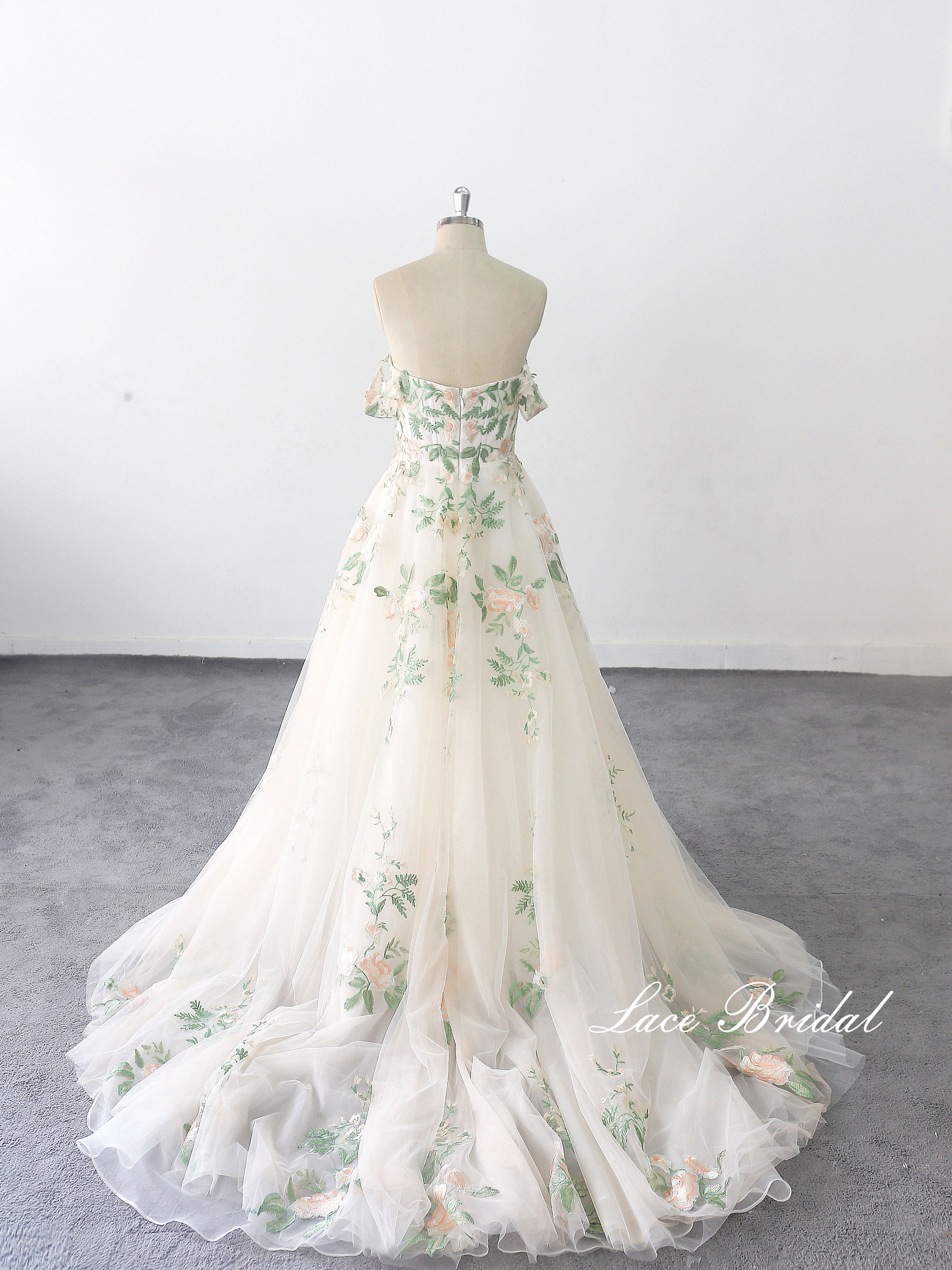 Green Lace Tulle Gown - Off-Shoulder Deep V Forest Wedding Green Lace Tulle Gown - Off-Shoulder Deep V Forest Wedding