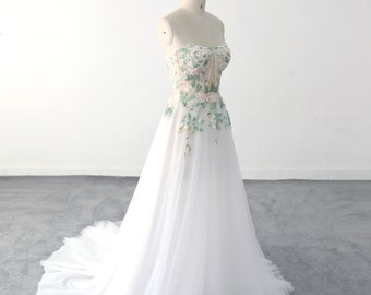 Forest Fairy Green Wedding Dress, Green Lace Wedding Dress Cutout Bustier Sexy Wedding Dress