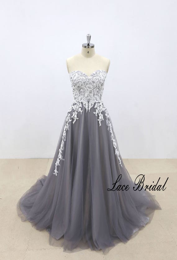 Dark Gray Tulle Wedding Dress Ivory Lace Wedding Dress With Etsy