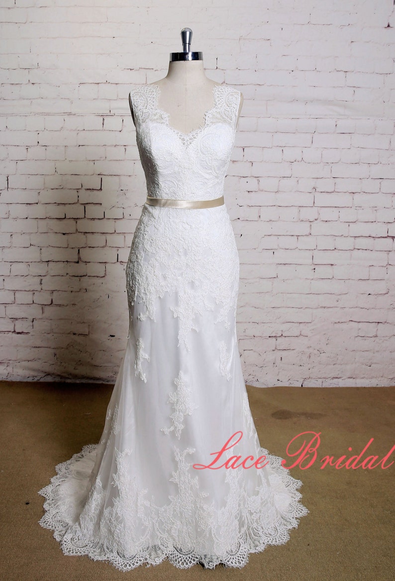 Sheath Style Wedding Dress with V-neck Classic Lace Bridal | Etsy