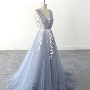 Evening Dress Grey Blue Wedding Leaf Lace Wedding Dress ivory lace wedding dress, open back wedding dress, romantic bohemian