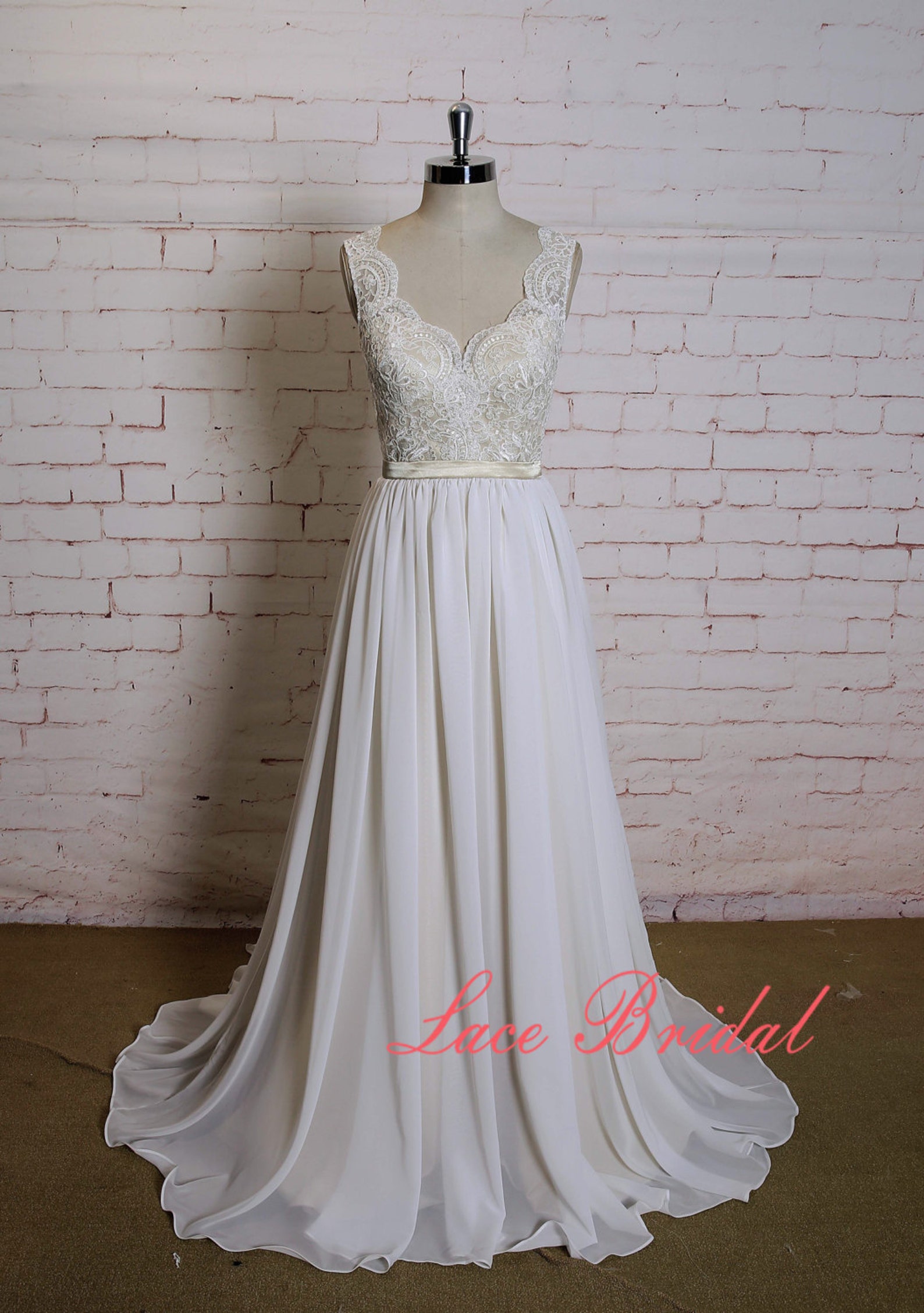 Lace Wedding Dress with Champagne Underlay Sexy V Etsy