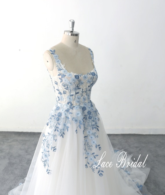 Customized Wedding Dress Blue Lace Wedding Dress Romantic Light Wedding Dress With Straps Etsy