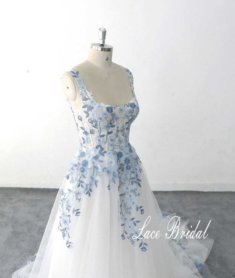 Customized wedding dress blue lace wedding dress Romantic light wedding dress with straps image 2