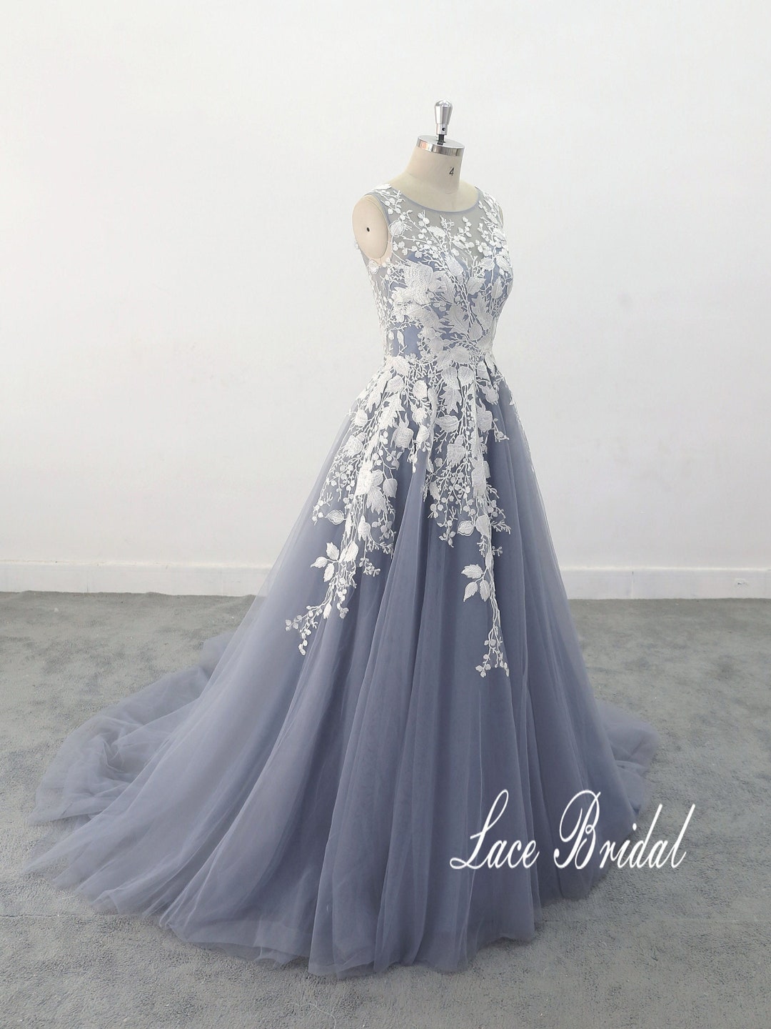 Bohomian Wedding Gown A-line Dusty Blue Tulle Lace Wedding
