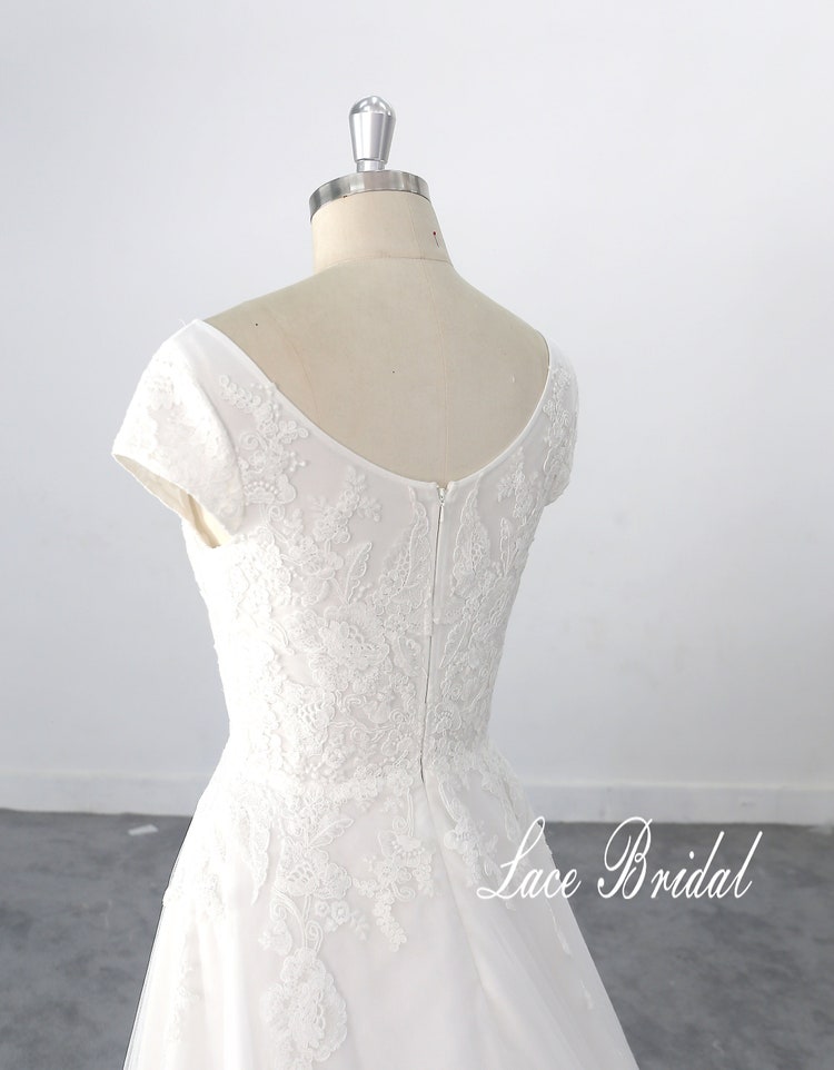Lace Wedding Dress with Boat Neckline, Ivory A-line Wedding Dress, Elegant  Lace Wedding Dress with Chapel Train - Dresses