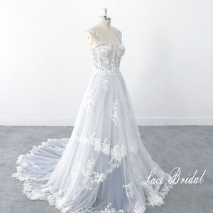 Lace Wedding Dress, A-line Dusty Blue Tulle Lace Wedding Dress, Boho Wedding Gown with Corset Top