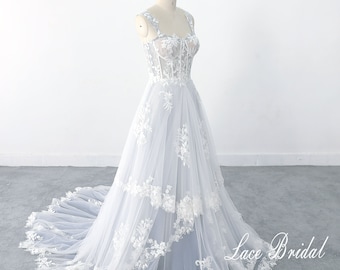 Lace Wedding Dress, A-line Dusty Blue Tulle Lace Wedding Dress, Boho Wedding Gown with Corset Top