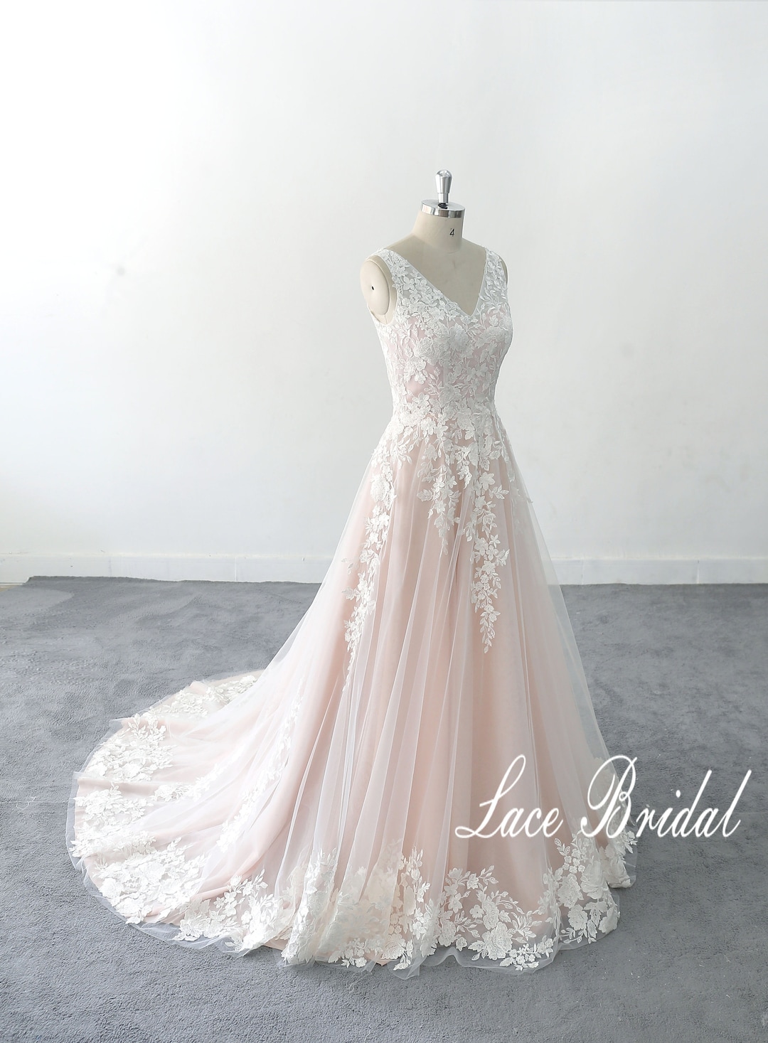 Deep V Sexy Wedding Dress Tulle Lace Blush Simple A-line Lace
