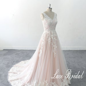 Deep V Sexy Wedding Dress tulle lace  blush  Simple A-line Lace Wedding Dress