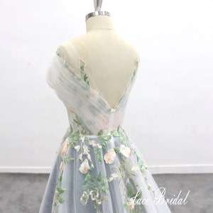 Forest Fairy Wedding Dress, Off Shoulder Sleeve Flowing Wedding Dress Green Lace Wedding Dress Green Lined Wedding Dress image 4