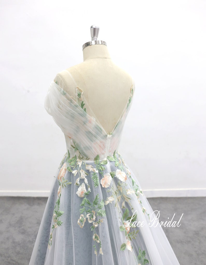 Forest Fairy Wedding Dress, Off Shoulder Sleeve Flowing Wedding Dress Green Lace Wedding Dress Green Lined Wedding Dress image 4