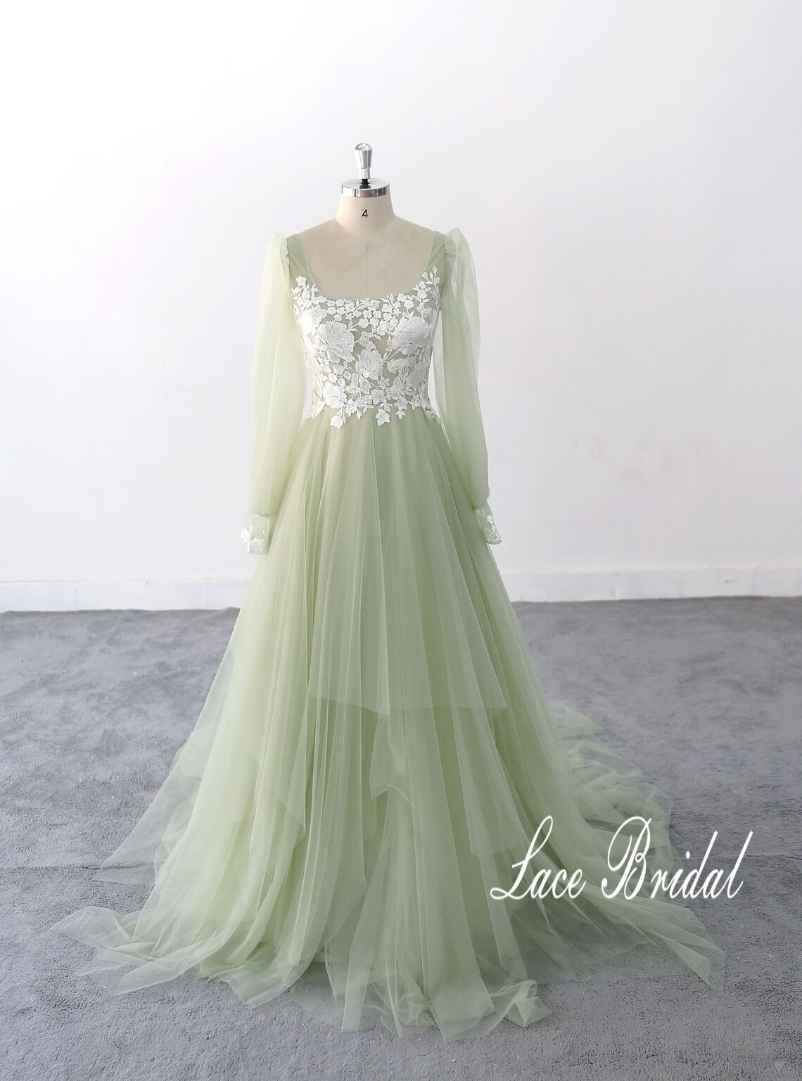 lace wedding dress Sage Green wedding dress Puff Sleeve image 1