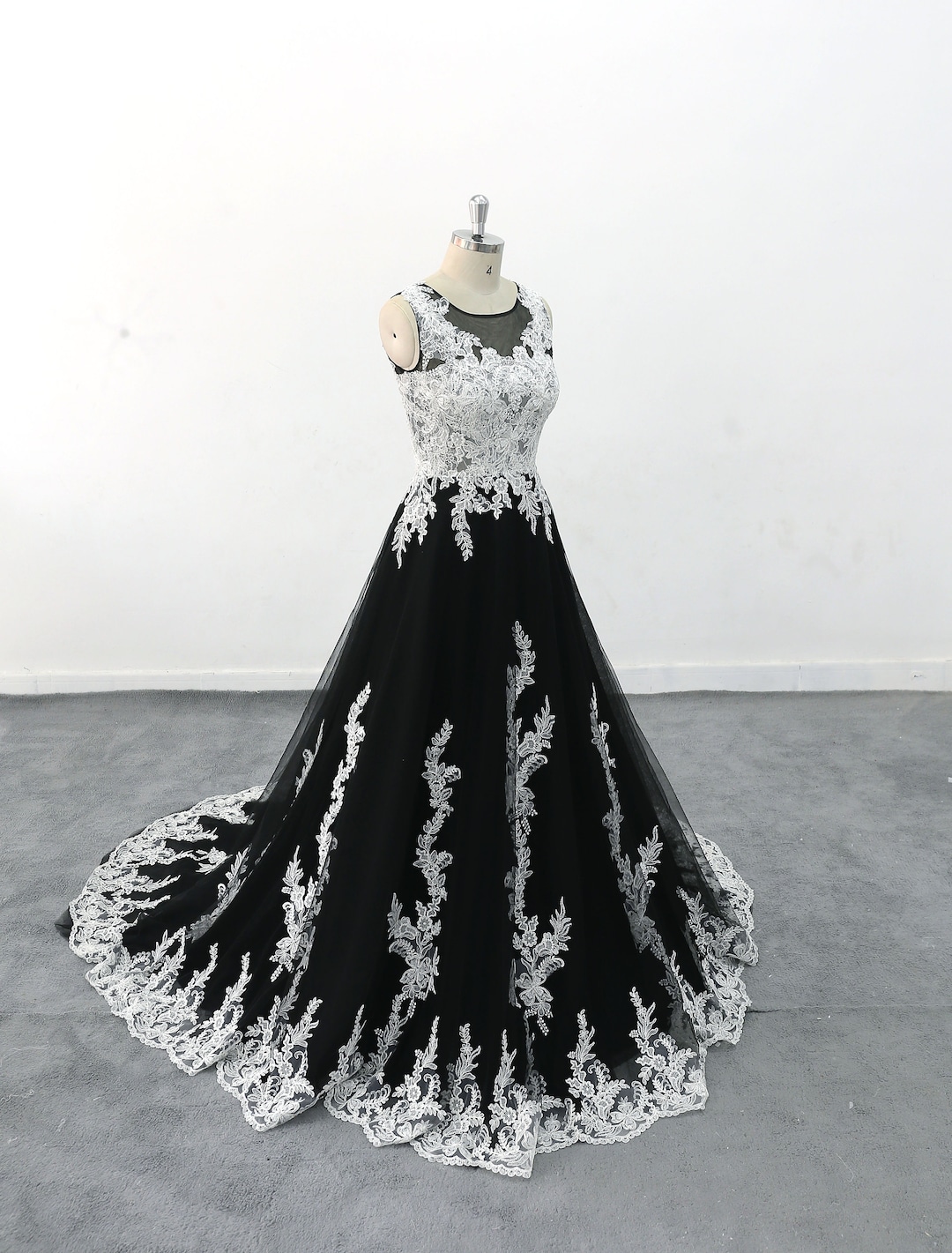 Ivory Lace Black Tulle Wedding Dress, Romantic A-Line Gown Custom high-neck dress Ivory Lace Black Tulle Wedding Dress, Romantic A-Line Gown Custom high-neck dress