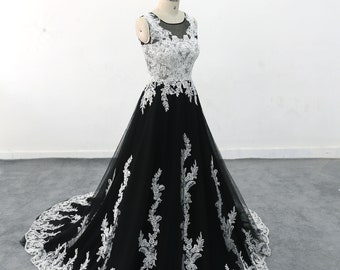 Ivory Lace Black Tulle Wedding Dress, Romantic A-Line Gown Custom High-Neck Dress