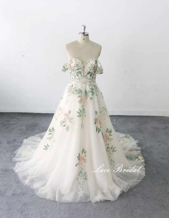 Green Lace Tulle Gown - Off-shoulder Deep V Forest Wedding - Etsy