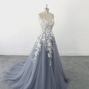 A-line Dusty Blue Tulle Lace wedding dress, Romantic Lace Wedding Gown, Bohomian wedding Gown with Open Back