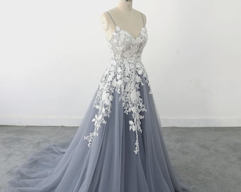 A-line Dusty Blue Tulle Lace wedding dress, Romantic Lace Wedding Gown, Bohomian wedding Gown with Open Back