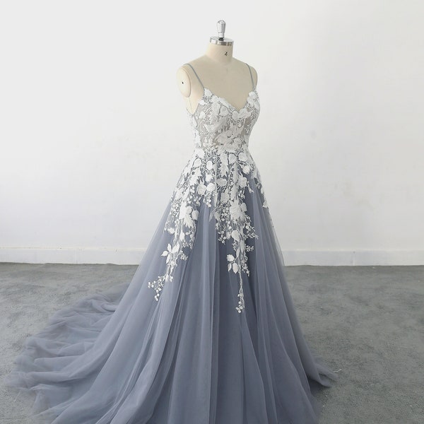 A-line Dusty Blue Tulle Lace wedding dress, Romantic Lace Wedding Gown, Bohomian wedding Gown with Open Back