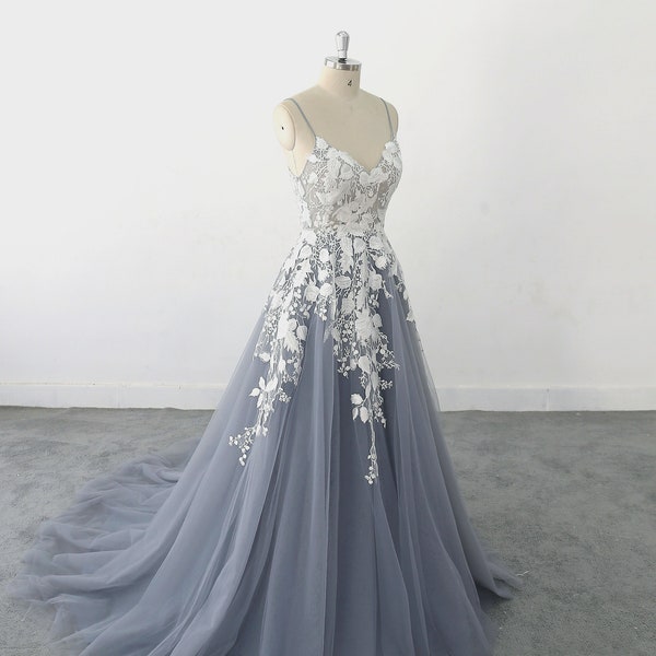 Dusty Blue Lace Wedding Dress, Open Back Bohemian Gown Lightweight spaghetti strap dress