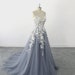 A-line Dusty Blue Tulle Lace wedding dress, Romantic Lace Wedding Gown, Bohomian wedding Gown with Open Back 