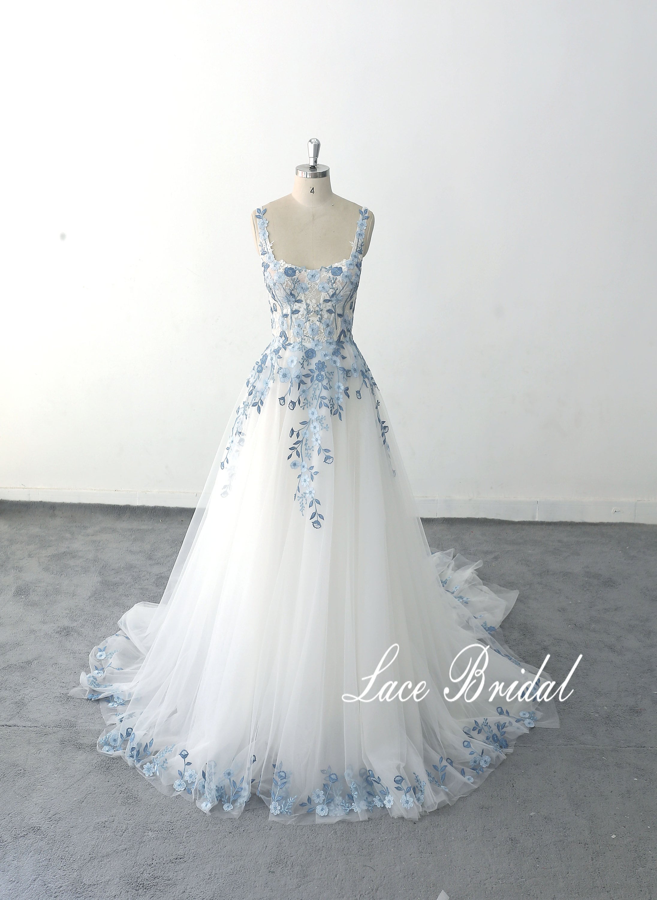 light blue and white wedding dress Custom Lace Dress, Romantic A-Line Tulle Gown Double shoulder strap style making it a perfect pick for your outdoor wedding day Ethereal Bluebell Gown– Teuta Matoshi