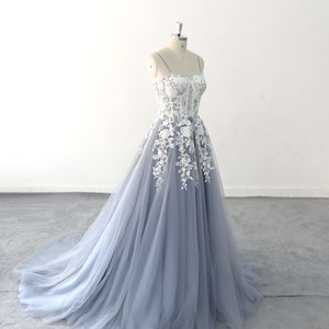 Corset Sheer Sexy Wedding Dress Ivory Lace Wedding Dress, Floral Wedding Dress with Spaghetti Straps,Lace Bridal Gown with Dusty Blue Skirt