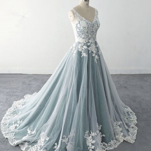 Ivory lace wedding dress Dark Green Lined Wedding Dress, full length delicate dress, ball gown wedding dress