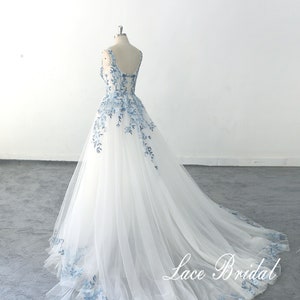 Customized wedding dress blue lace wedding dress Romantic light wedding dress with straps imagem 6