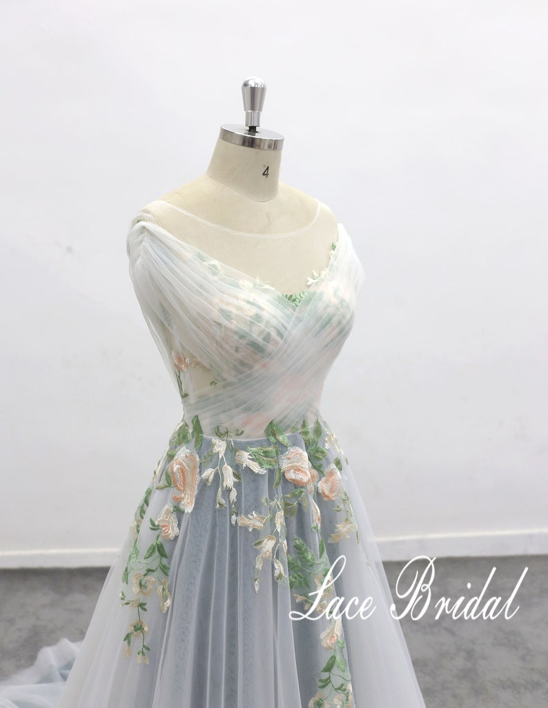 Forest Fairy Wedding Dress, Off Shoulder Sleeve Flowing Wedding Dress Green Lace Wedding Dress Green Lined Wedding Dress image 6