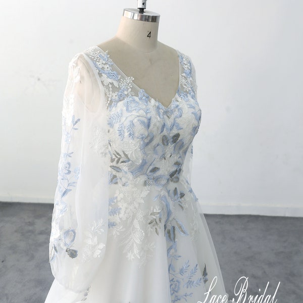 Vestido de renda azul - Vestido de noiva com mangas bufantes, estilo boho.