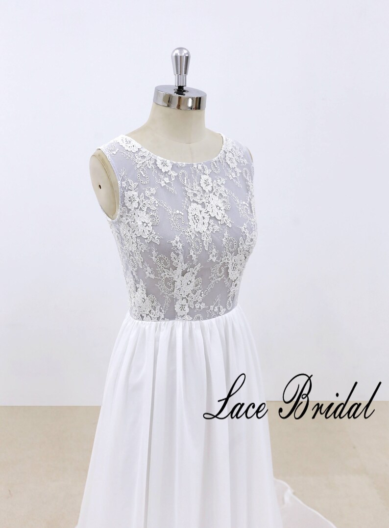 Chiffon Wedding Dress With Dusty Blue Underlay Lace Wedding Etsy