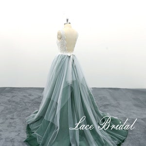 Ivory lace wedding dress with open back, dark green tulle wedding gown, full length delicate dress, ball gown wedding dress