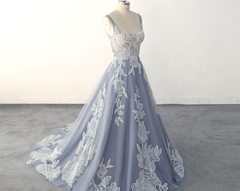 ivory and royal blue wedding dress Odessa Colorful Blue Wedding Dress with Floral Detail A-line Corset