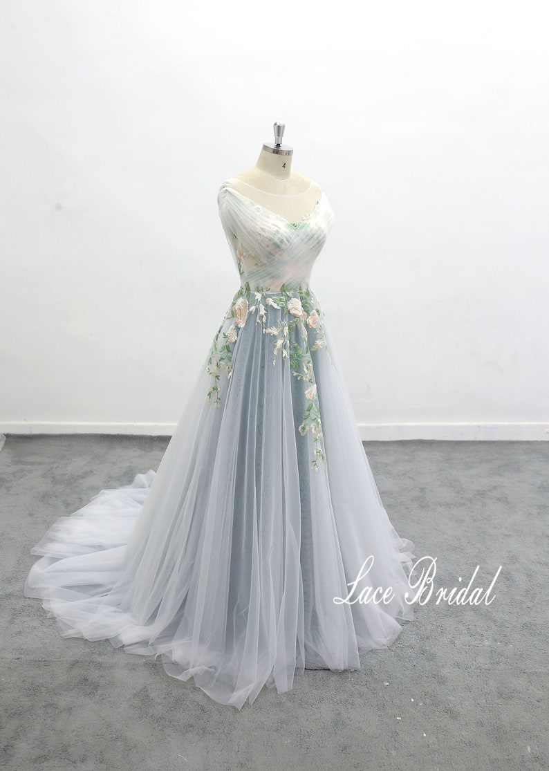 Forest Fairy Wedding Dress, Off Shoulder Sleeve Flowing Wedding Dress Green Lace Wedding Dress Green Lined Wedding Dress image 1